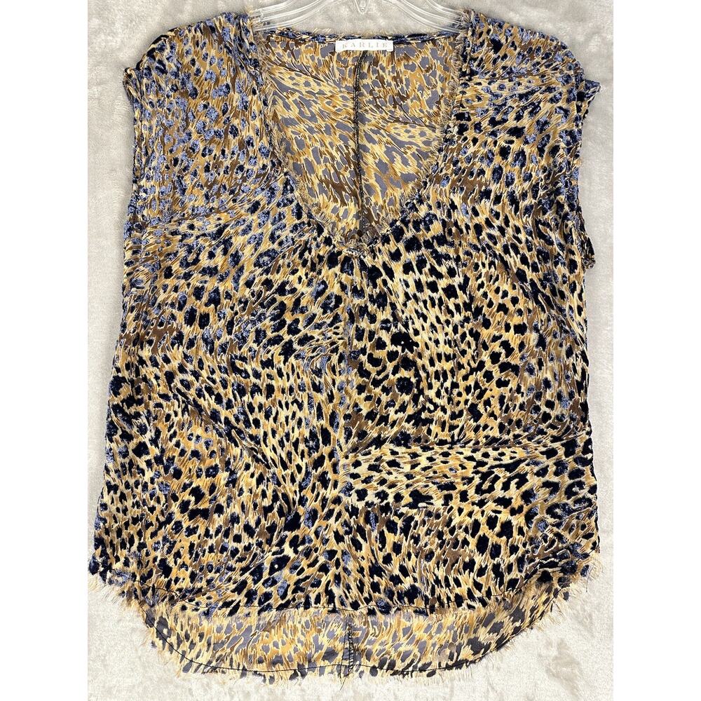 KARLIE semi sheer‎ Leopard print SHIRT Small Sleeveless Frayed Distressed Edges